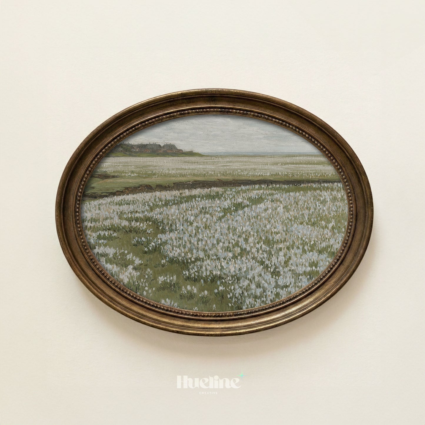 Rustic Oil Painting, White Flower Meadow, Remote Village and Sea View Poster - L1202