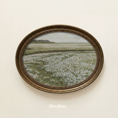 Rustic Oil Painting, White Flower Meadow, Remote Village and Sea View Poster - L1202