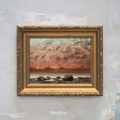 Vintage Moody Seascape Print, Antique Coastal Oil Painting Wall Art - L1156