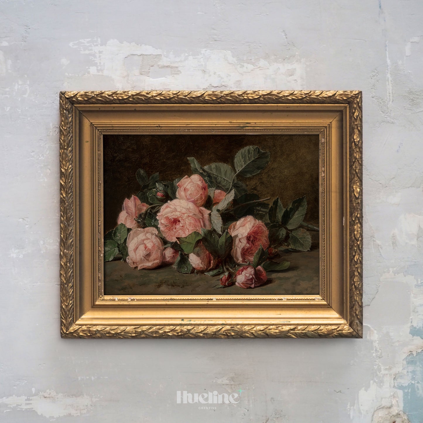 Vintage Pink Roses Oil Painting, Dark Moody Floral Still Life, Antique Wall Art - L1204