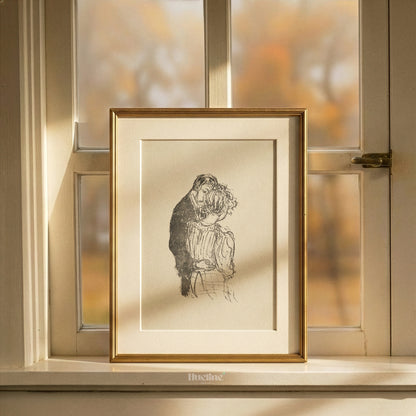 Vintage Romantic Embrace Sketch, Couple Wall Art, Antique Style Monochrome Poster - L1190