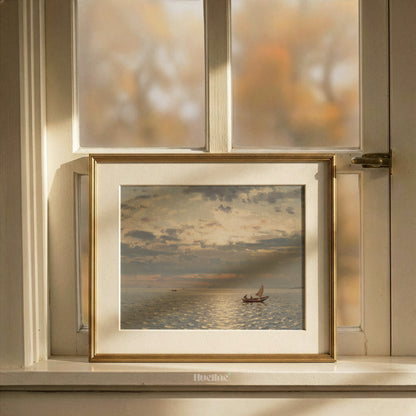 Moody Vintage Seascape, Sailboat Sunset Oil Painting, Coastal Wall Art, Antique Sea Print - L1214