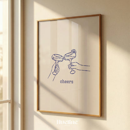 Minimal Cheers Cocktail Print, Blue Line Art Poster, Margarita Glass Bar Cart Decor - L1277