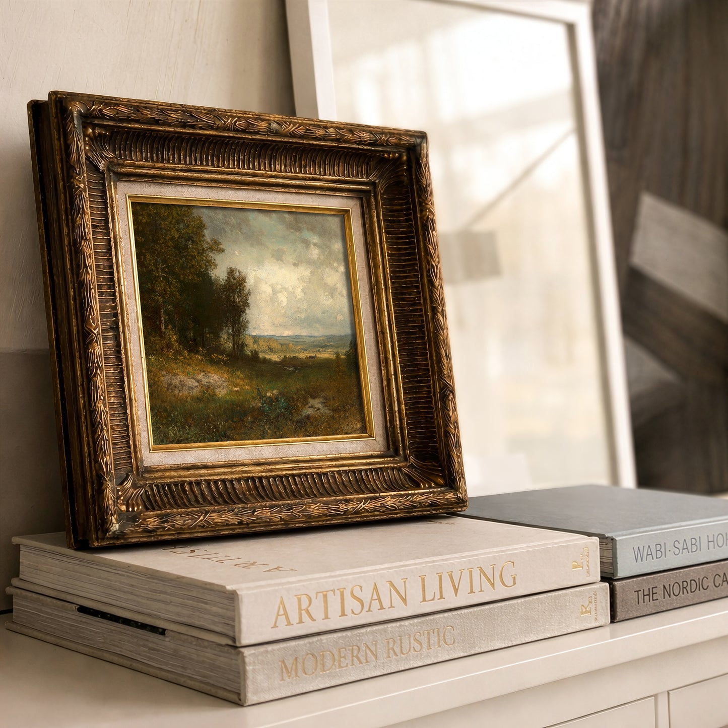 Vintage Countryside Landscape Wall Art, Moody Meadow Painting Print - L1182