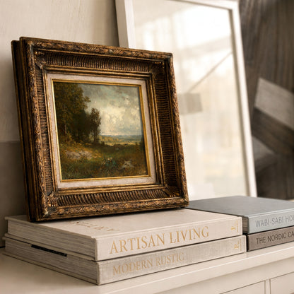 Vintage Countryside Landscape Wall Art, Moody Meadow Painting Print - L1182