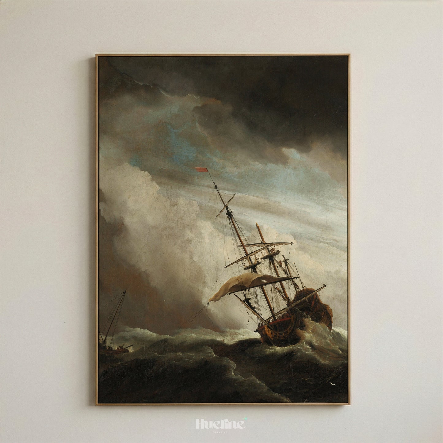 Vintage Stormy Sea Oil Painting, Sailing Ship in High Waves, Moody Maritime Art - L1205