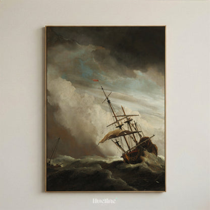 Vintage Stormy Sea Oil Painting, Sailing Ship in High Waves, Moody Maritime Art - L1205
