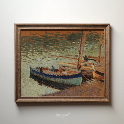Vintage Fishing Boats Coastal Wall Art, Impressionist Beach Painting - L1175