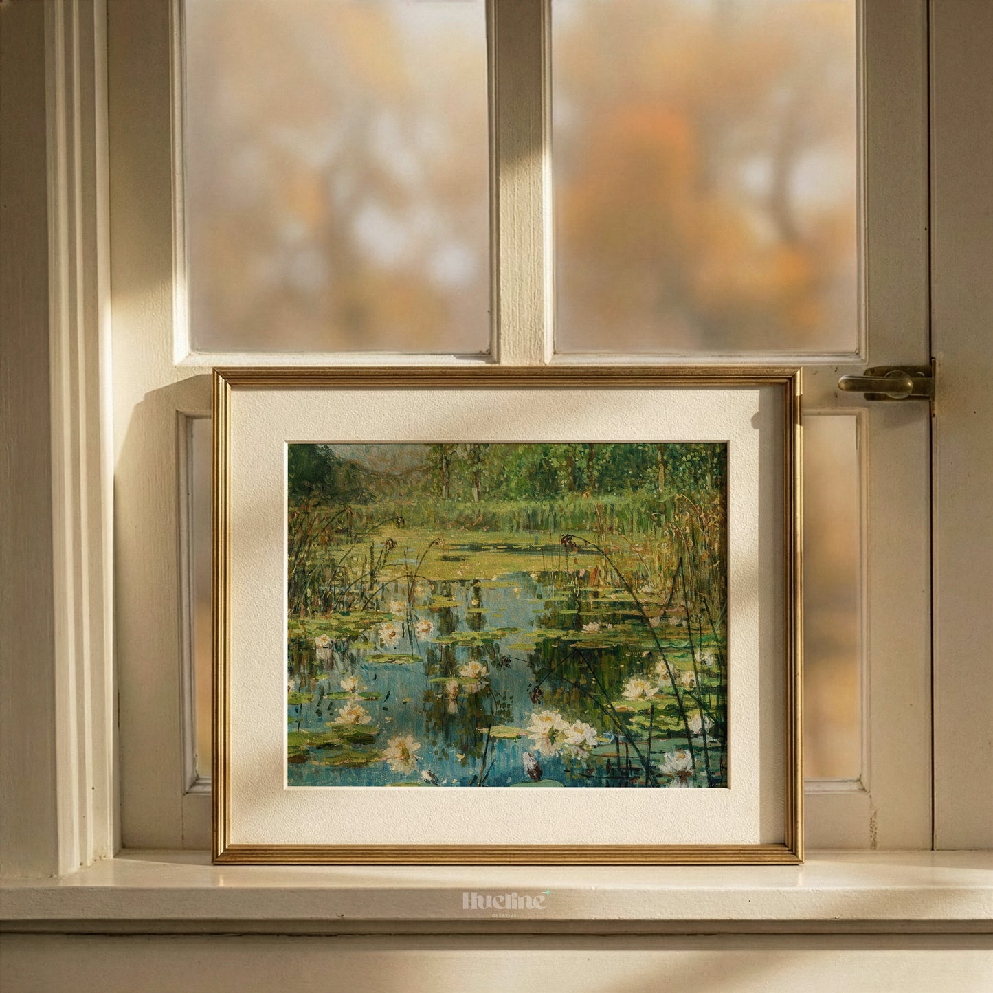 Impressionist Water Lily Pond, Floral Landscape, Calm Water, Reeds, Nature Wall Art - L1197