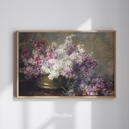Vintage Floral Still Life, Moody Pink Purple Flower Painting, Antique Farmhouse Wall Art - L1223