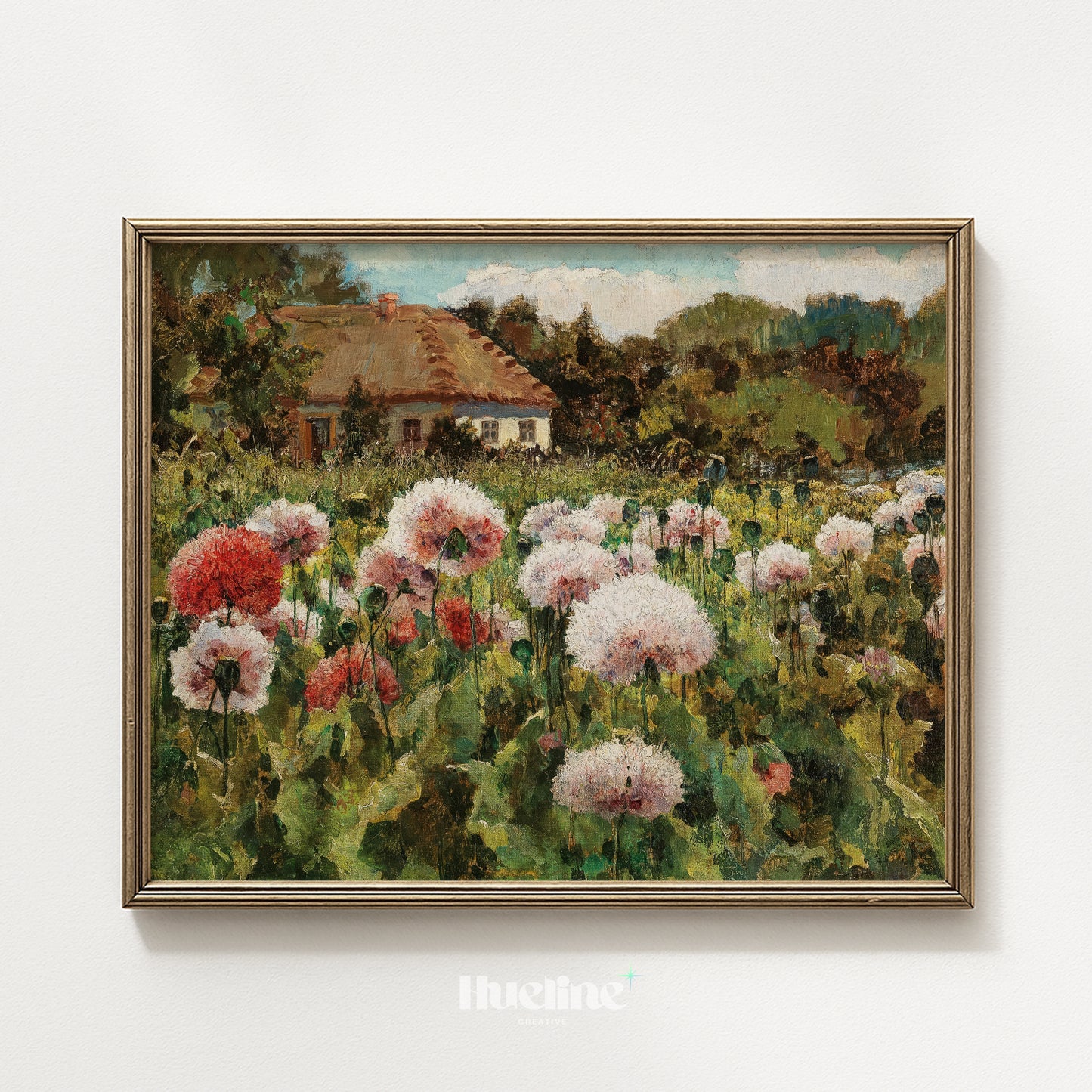 Vintage Poppy Field Painting, Rustic Cottage Landscape, Floral Meadow Wall Art - L1209