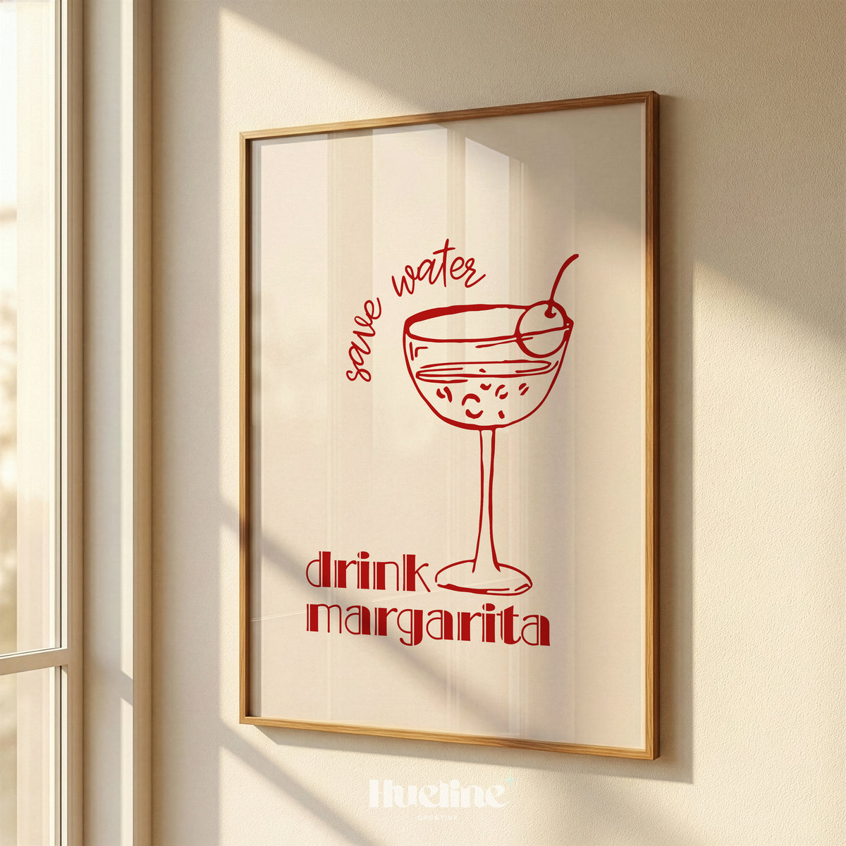Save Water Drink Margarita Print, Red Cocktail Wall Art, Bar Cart Kitchen Decor - L1278