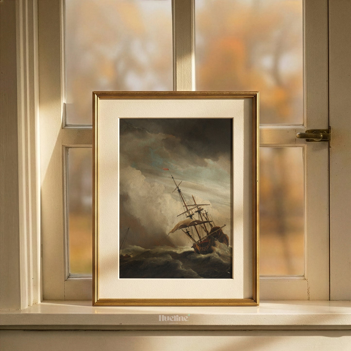 Vintage Stormy Sea Oil Painting, Sailing Ship in High Waves, Moody Maritime Art - L1205
