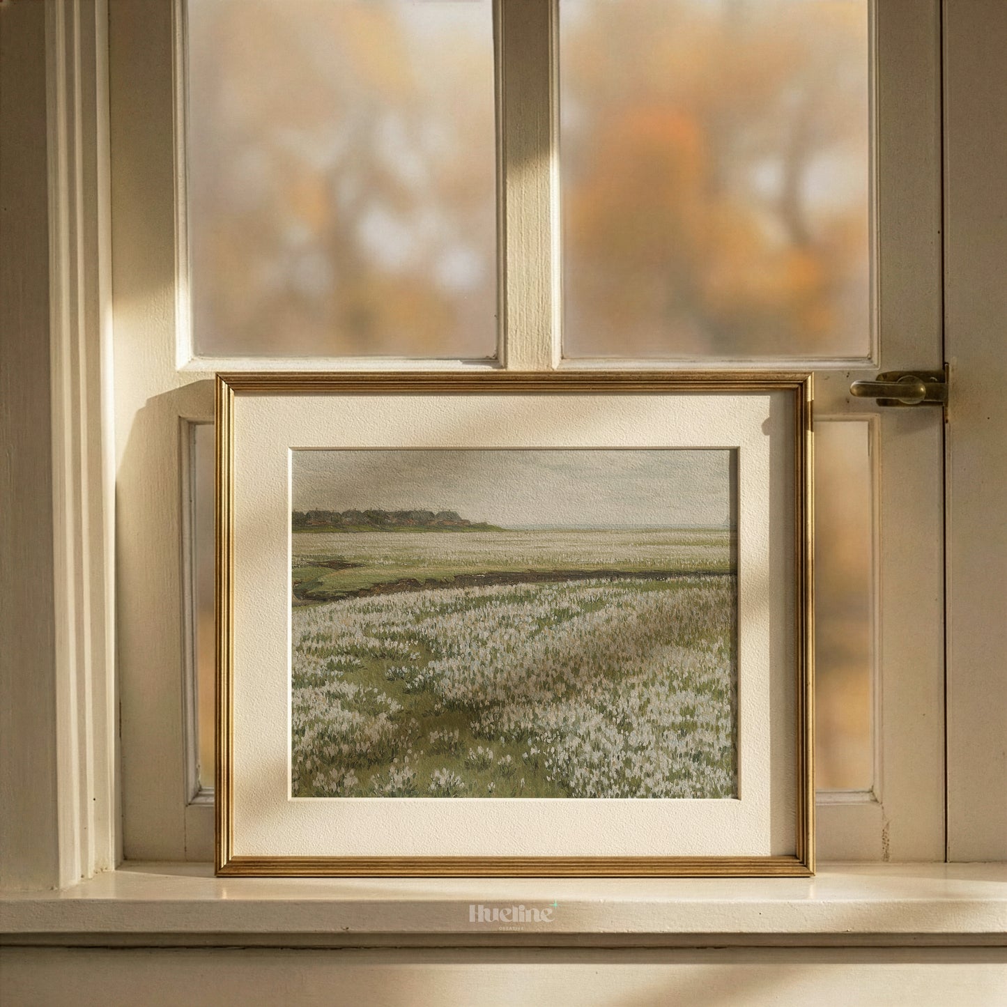 Rustic Oil Painting, White Flower Meadow, Remote Village and Sea View Poster - L1202