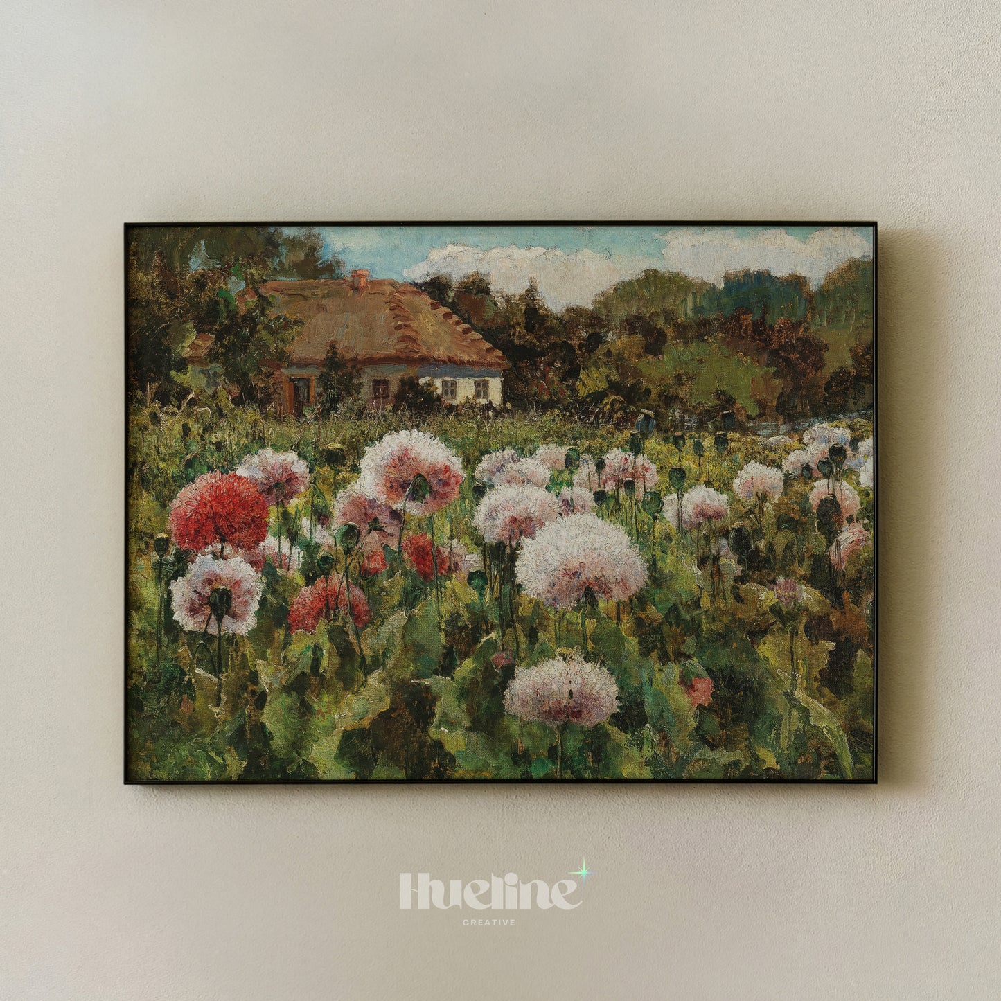 Vintage Poppy Field Painting, Rustic Cottage Landscape, Floral Meadow Wall Art - L1209