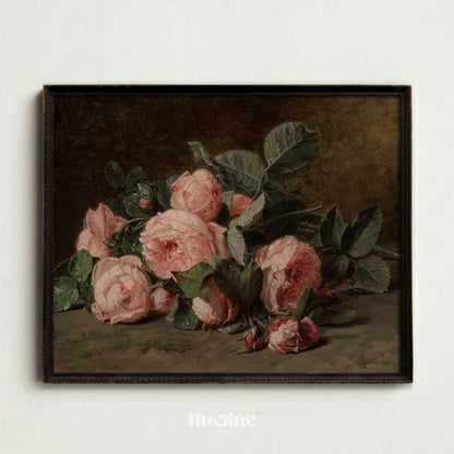 Vintage Pink Roses Oil Painting, Dark Moody Floral Still Life, Antique Wall Art - L1204