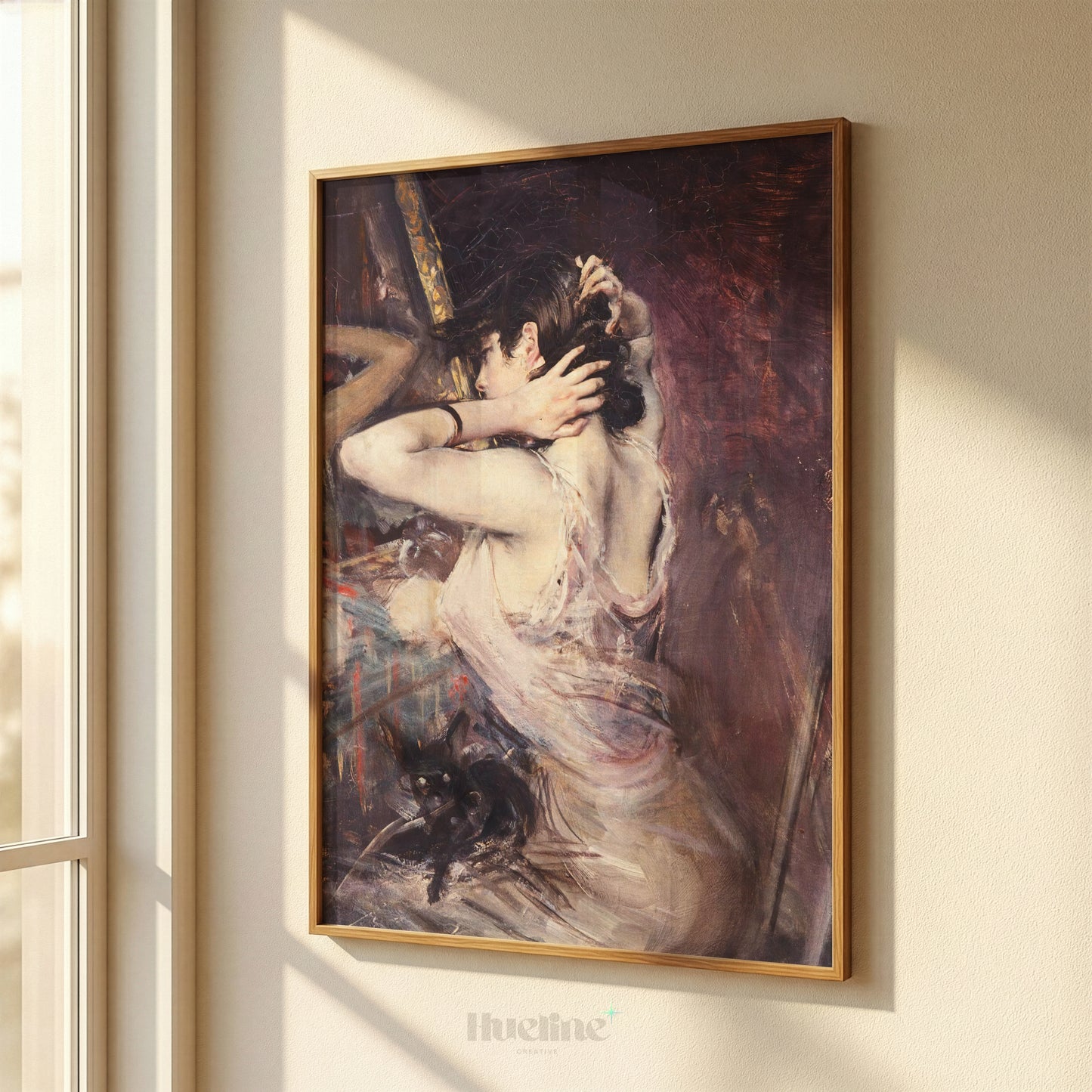 Moody Vintage Woman with Black Cat, Impressionist Painting, Antique Purple Wall Art - L1215