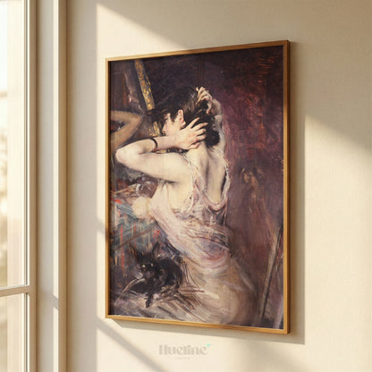 Moody Vintage Woman with Black Cat, Impressionist Painting, Antique Purple Wall Art - L1215