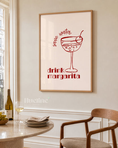 Save Water Drink Margarita Print, Red Cocktail Wall Art, Bar Cart Kitchen Decor - L1278