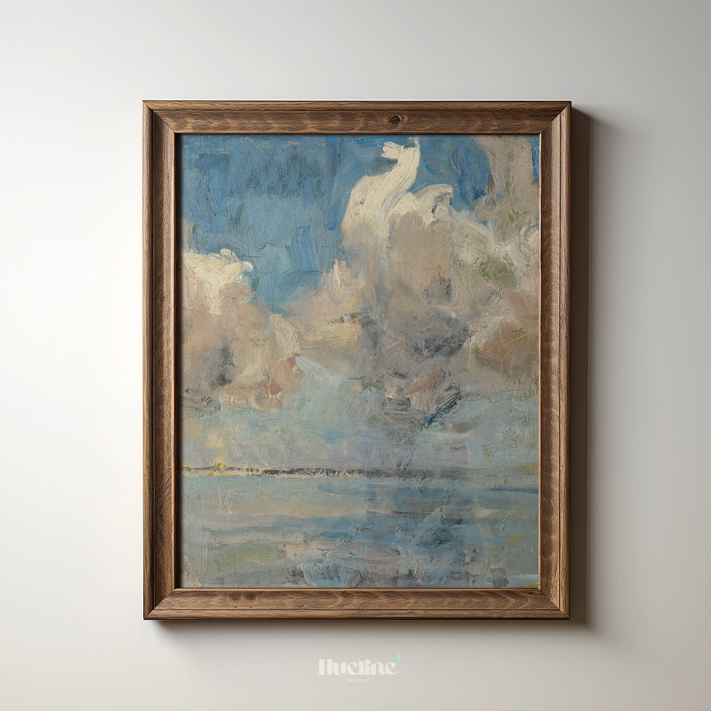 Abstract Cloudscape Painting, Moody Sky and Sea Art Print, Blue Beige Horizon Poster - L1172