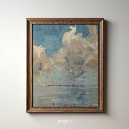 Abstract Cloudscape Painting, Moody Sky and Sea Art Print, Blue Beige Horizon Poster - L1172