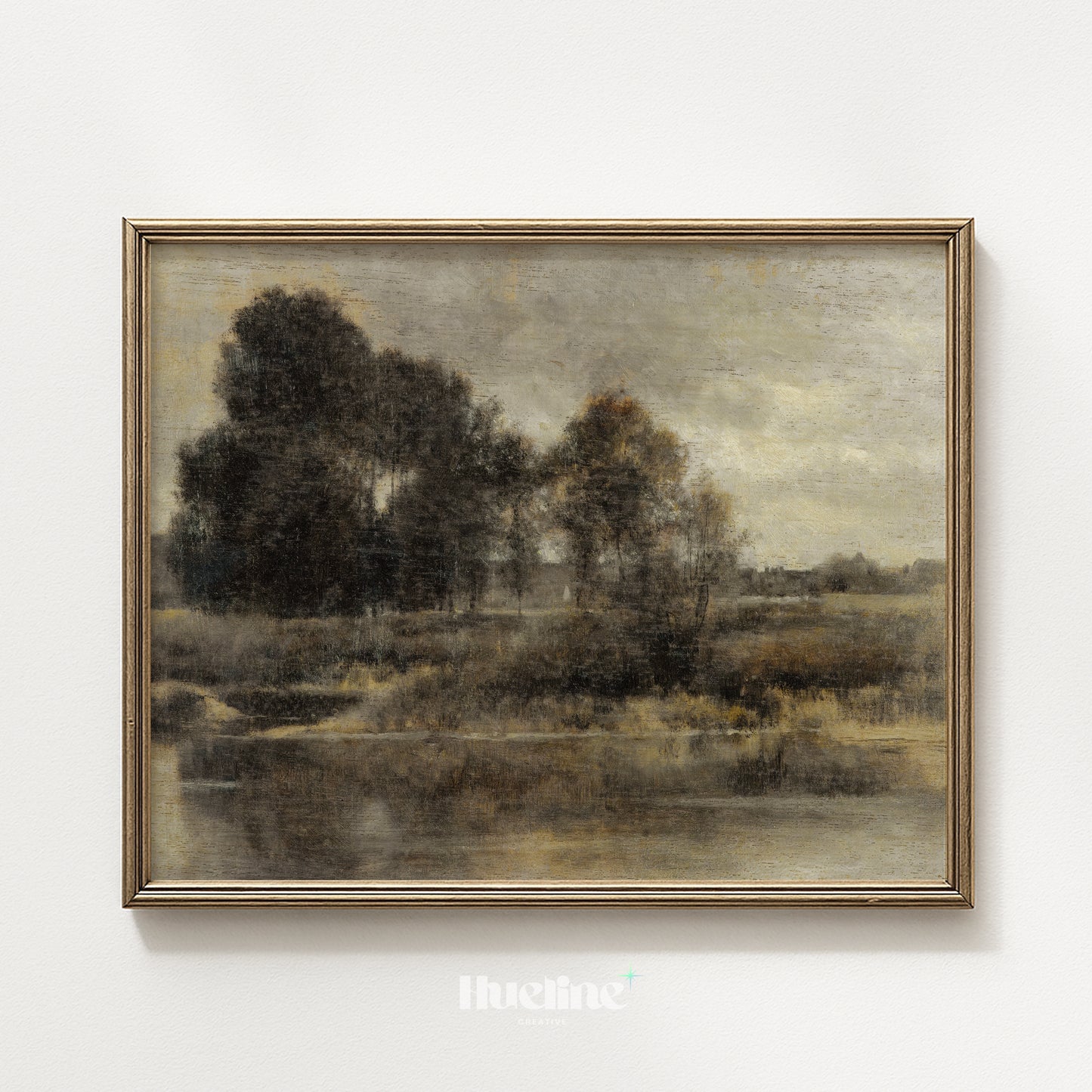 Moody Vintage Landscape Oil Painting, Tonalist Antique River Scene, Dark Neutral Wall Art - L1213