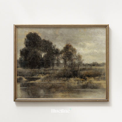 Moody Vintage Landscape Oil Painting, Tonalist Antique River Scene, Dark Neutral Wall Art - L1213