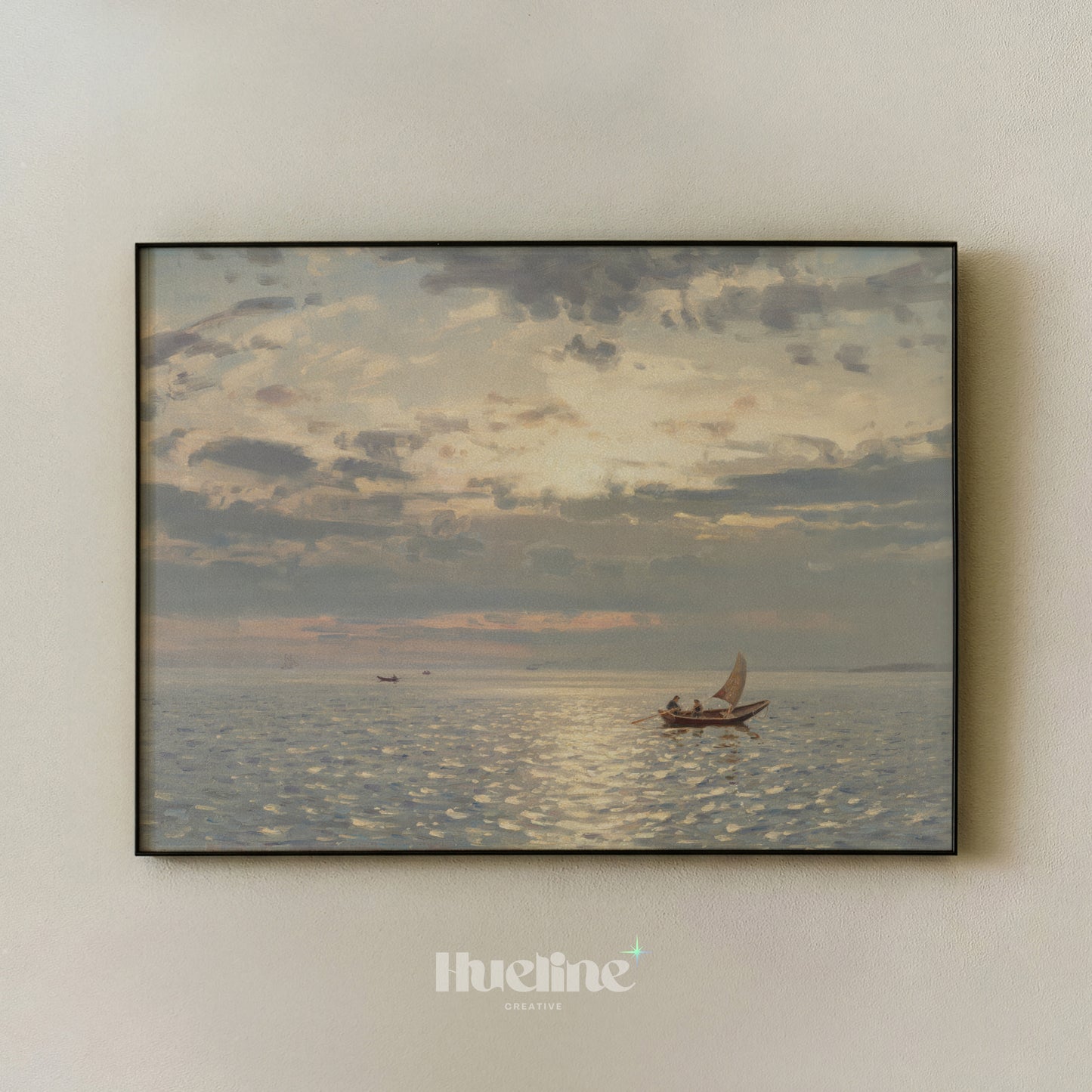 Moody Vintage Seascape, Sailboat Sunset Oil Painting, Coastal Wall Art, Antique Sea Print - L1214