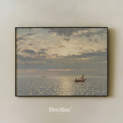 Moody Vintage Seascape, Sailboat Sunset Oil Painting, Coastal Wall Art, Antique Sea Print - L1214