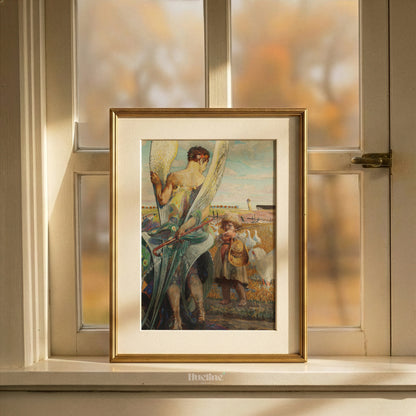 Vintage Angel and Child Oil Painting Print, Guardian Angel Geese Landscape Wall Art - L1192