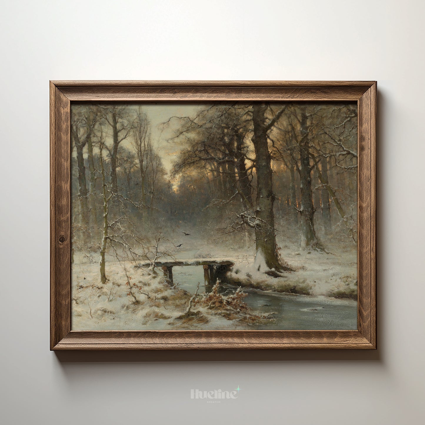 Vintage Winter Forest Painting, Snowy Landscape with Bridge, Moody Woods Wall Art - L1210