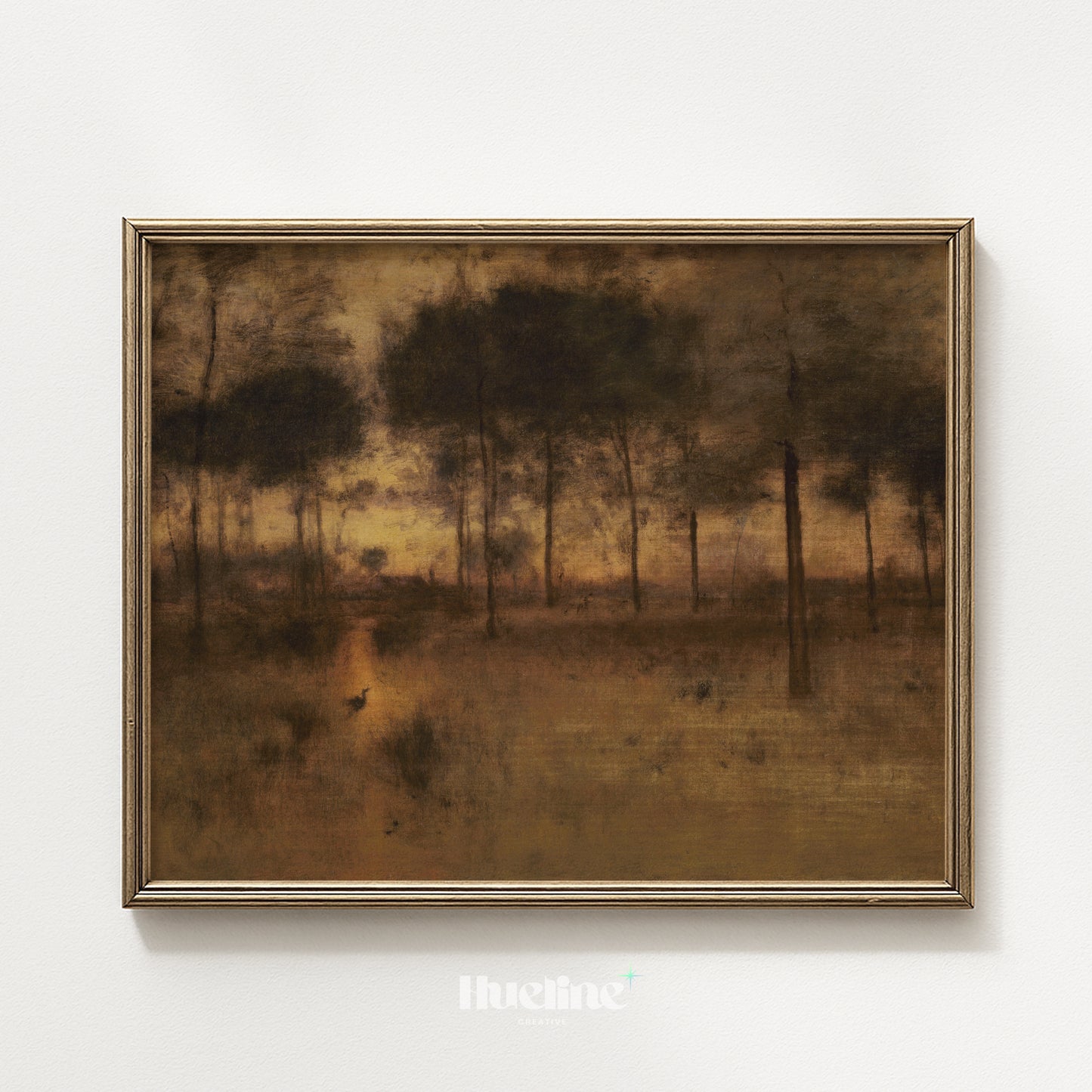 Moody Sunset Forest Oil Painting, Vintage Landscape, Golden Light Trees, Rustic Wall Art - L1203