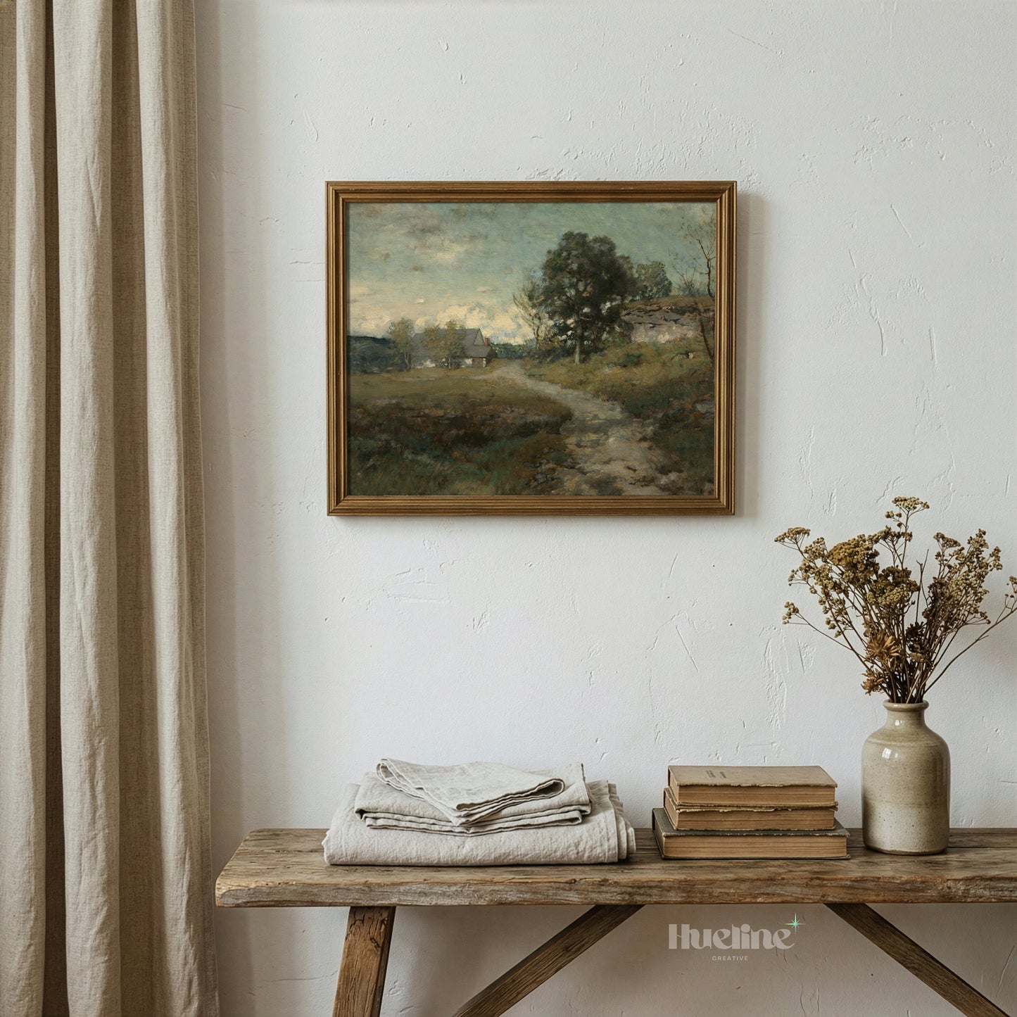 Vintage Country Cottage Print, Rustic Farmhouse Wall Art, Countryside Path Painting - L1171