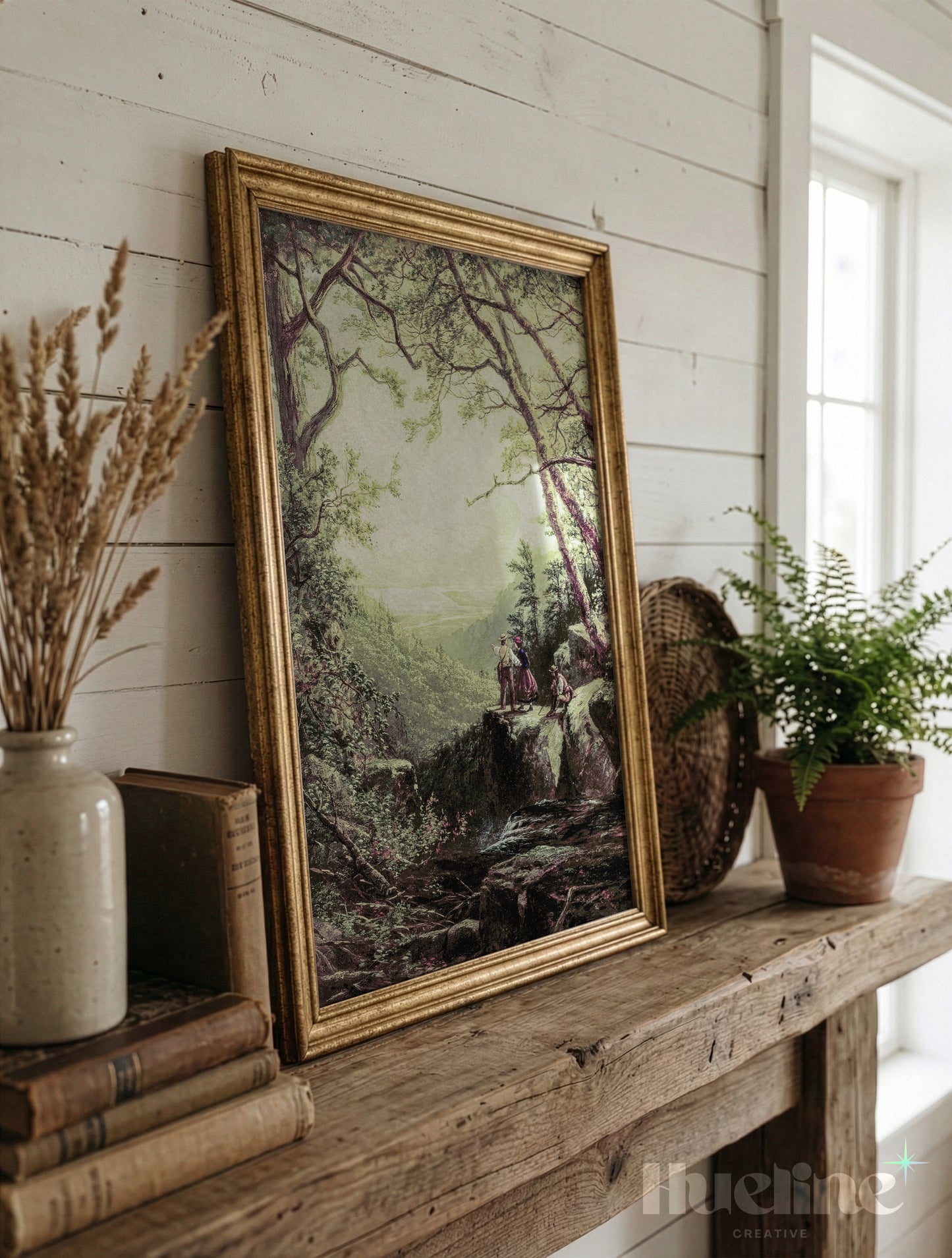 Vintage Forest Landscape, Couple Overlooking Misty Valley, Moody View, Antique Nature Wall Art - L1207