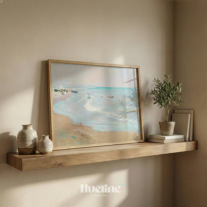 Coastal Beach Painting Print – Vintage Seaside Wall Art, Calm Ocean Waves - L1129