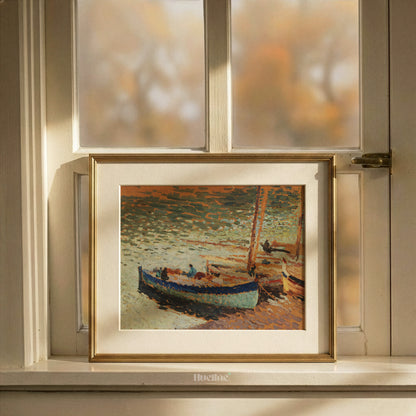 Vintage Fishing Boats Coastal Wall Art, Impressionist Beach Painting - L1175