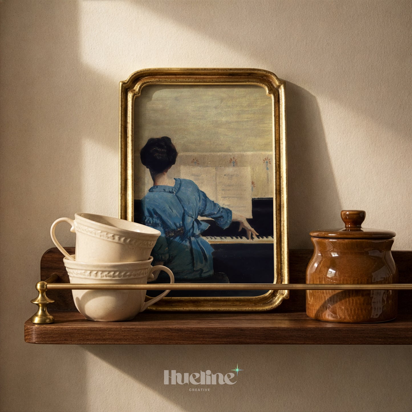 Woman at the Piano Print, Vintage Musician Wall Art, Lady in Blue Dress Painting - L1174