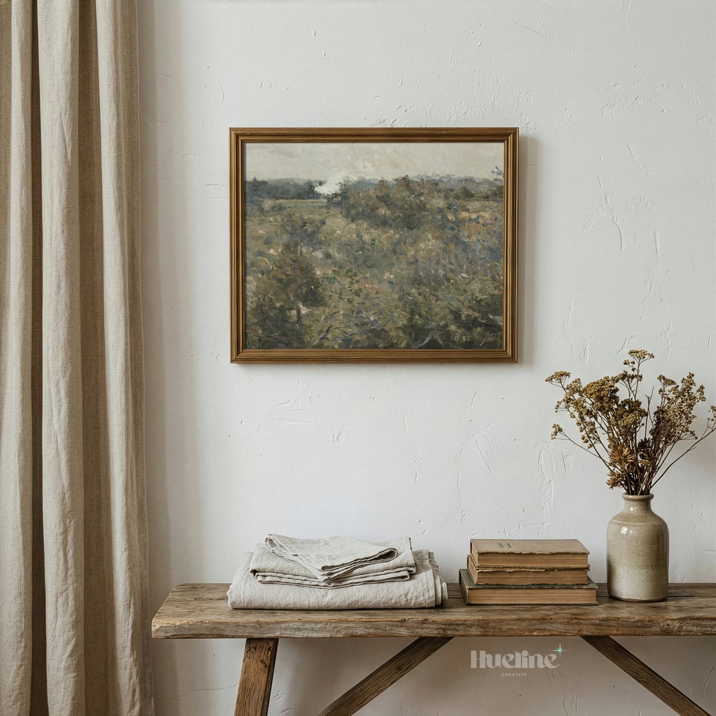 Vintage Moody Green Landscape Print, Antique Impressionist Meadow Oil Painting Wall Art - L1163