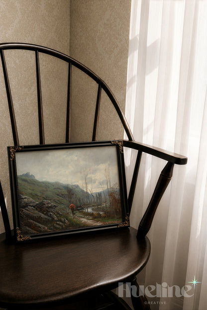 Vintage Landscape Wall Art, Red Umbrella Oil Painting Print, Moody River Scene - L1218