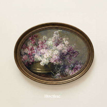 Vintage Floral Still Life, Moody Pink Purple Flower Painting, Antique Farmhouse Wall Art - L1223