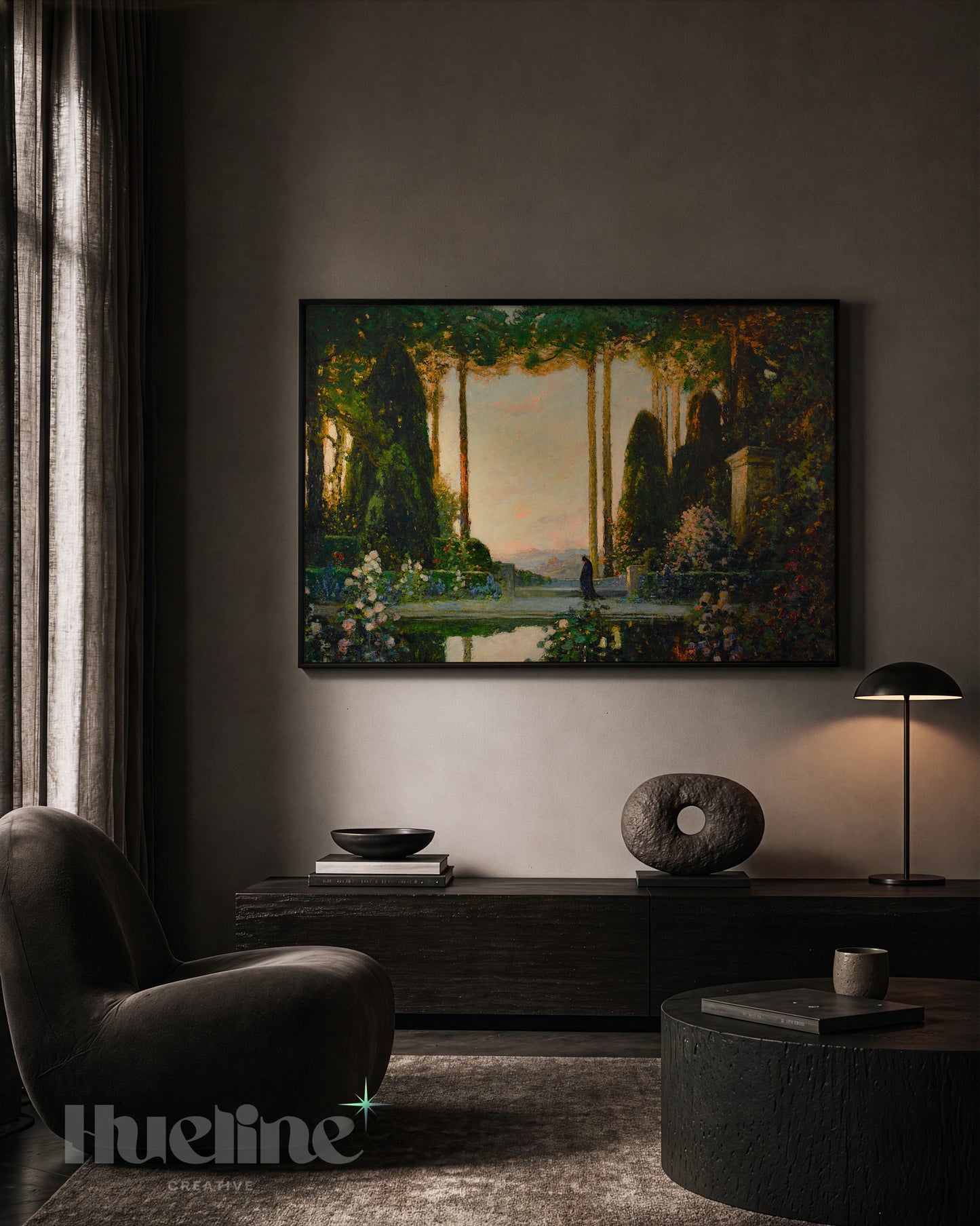 Vintage Enchanted Garden Oil Painting, Mystic Sunset Landscape, Antique Nature Art - L1212
