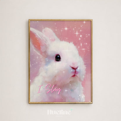Pink Bunny Wall Art Print, Coquette Rabbit Poster, I Slay Girly Bedroom Decor - L1275