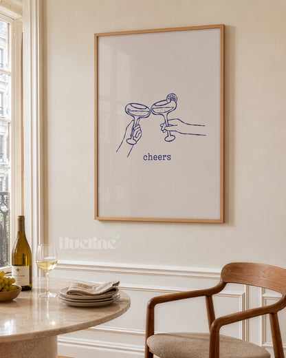Minimal Cheers Cocktail Print, Blue Line Art Poster, Margarita Glass Bar Cart Decor - L1277