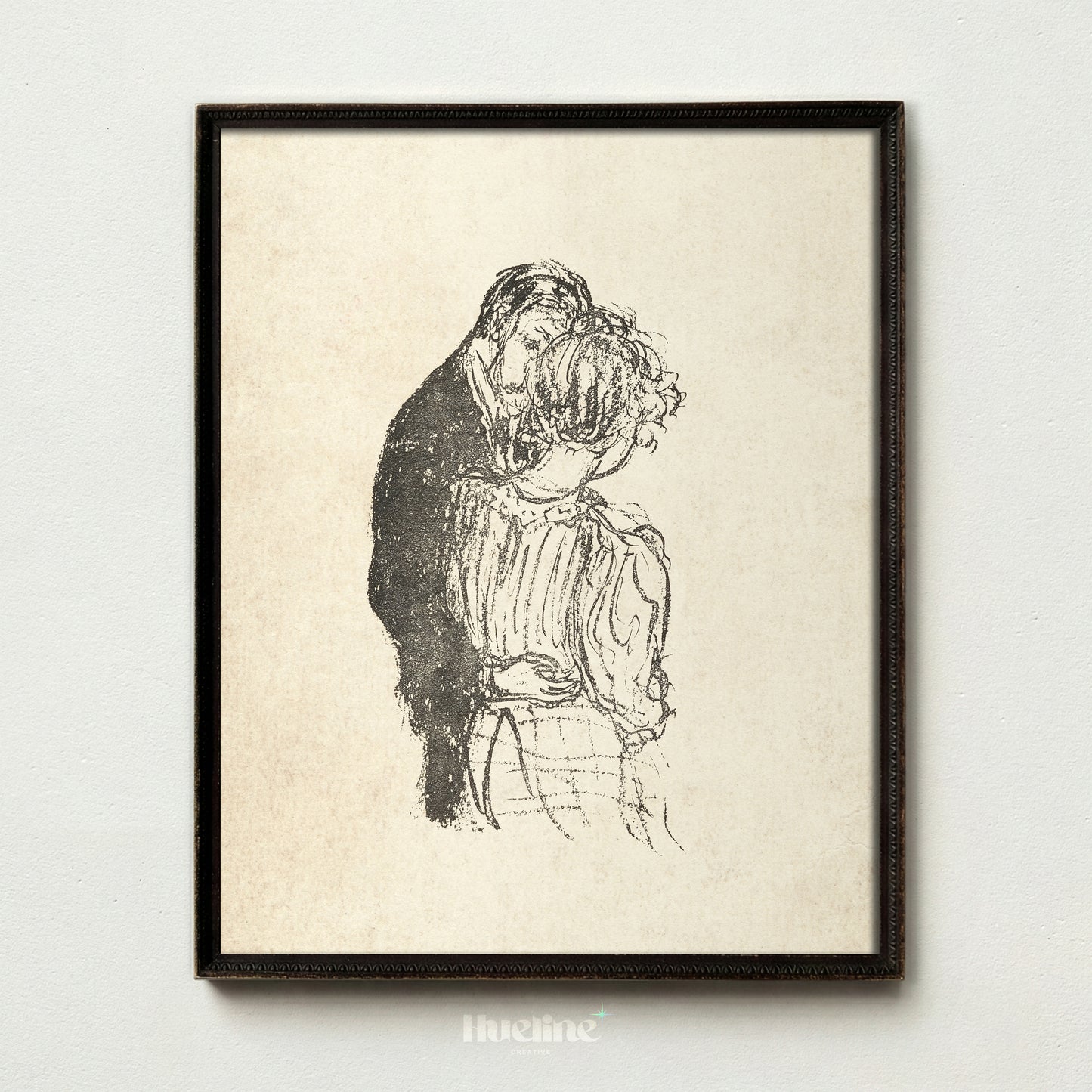 Vintage Romantic Embrace Sketch, Couple Wall Art, Antique Style Monochrome Poster - L1190