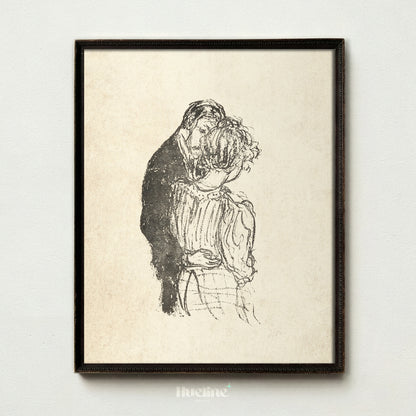 Vintage Romantic Embrace Sketch, Couple Wall Art, Antique Style Monochrome Poster - L1190