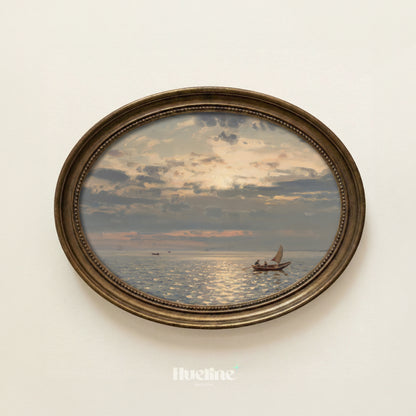 Moody Vintage Seascape, Sailboat Sunset Oil Painting, Coastal Wall Art, Antique Sea Print - L1214