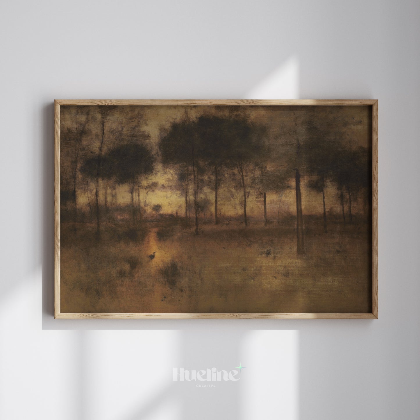 Moody Sunset Forest Oil Painting, Vintage Landscape, Golden Light Trees, Rustic Wall Art - L1203