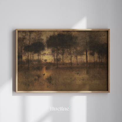 Moody Sunset Forest Oil Painting, Vintage Landscape, Golden Light Trees, Rustic Wall Art - L1203