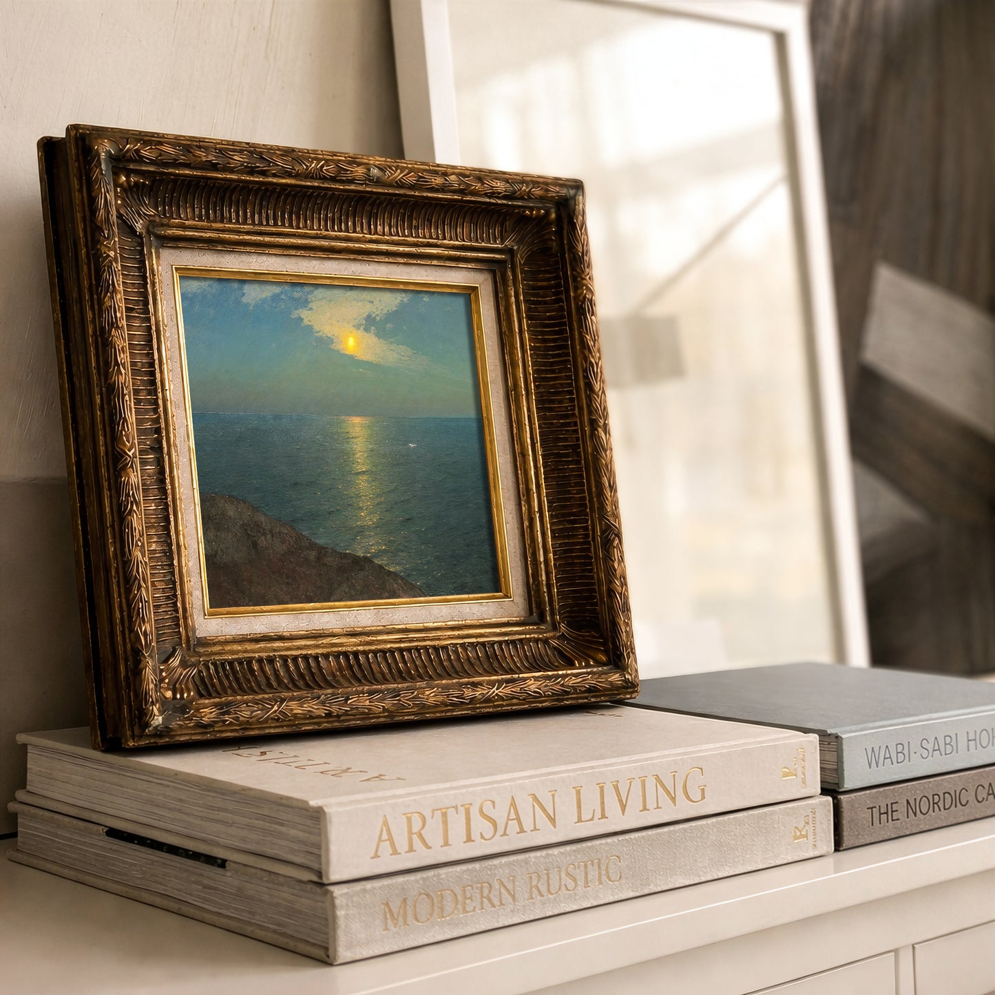 Vintage Moonlight Ocean Seascape Wall Art, Classical Night Sea Painting - L1181