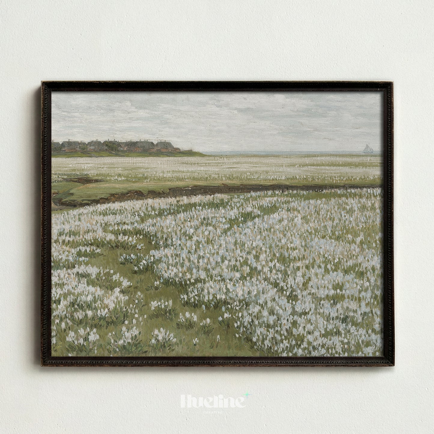 Rustic Oil Painting, White Flower Meadow, Remote Village and Sea View Poster - L1202